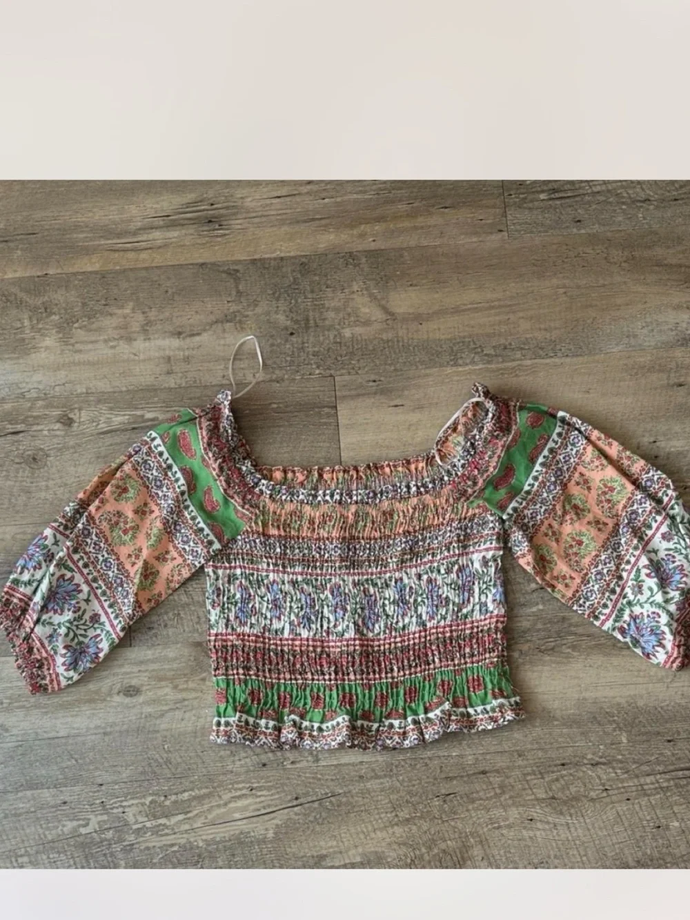 Zara Floral Smocked Off-Shoulder Crop Top in Green and Peach